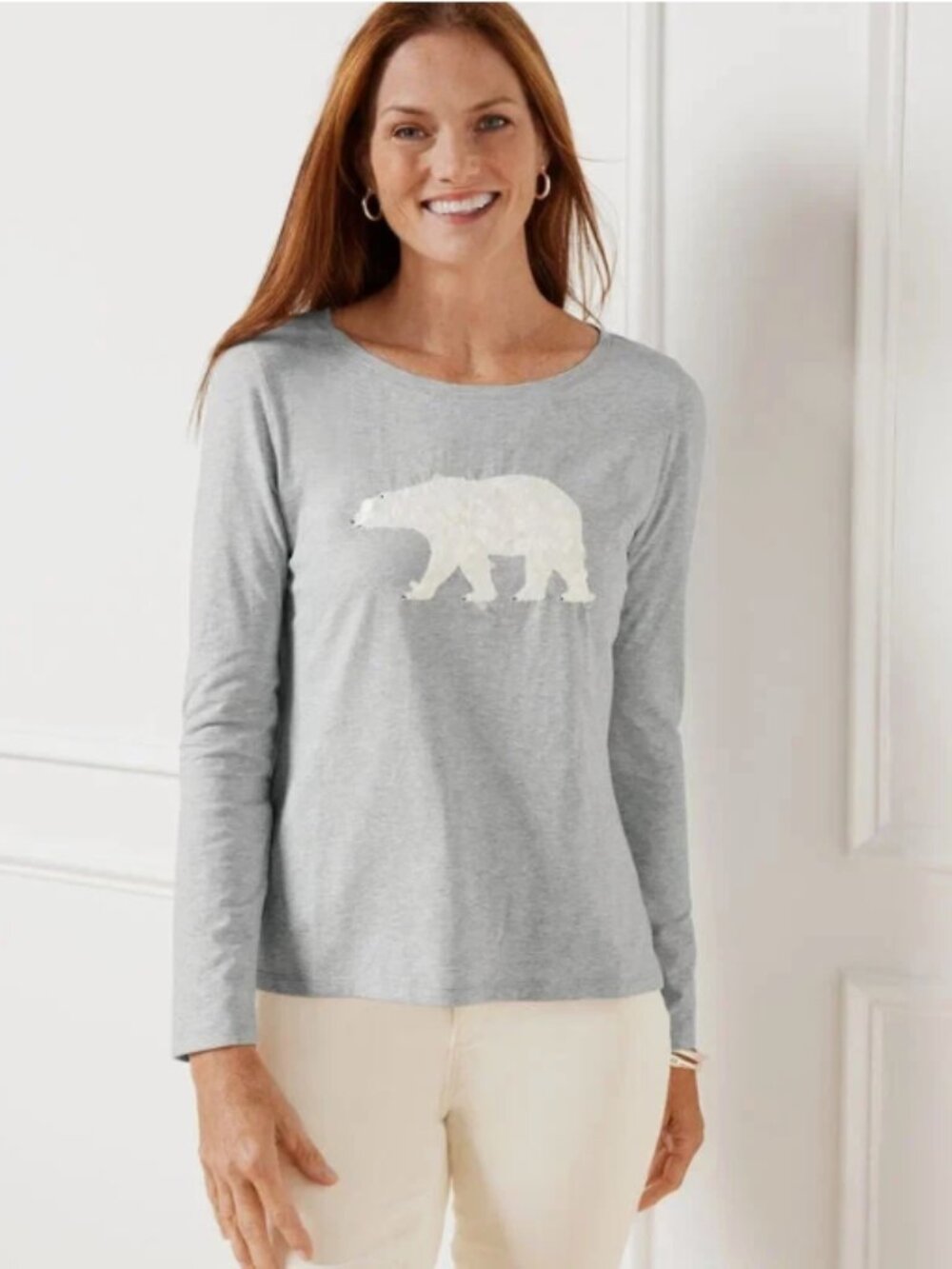 Talbots Gray Embellished Polar Bear Tee L